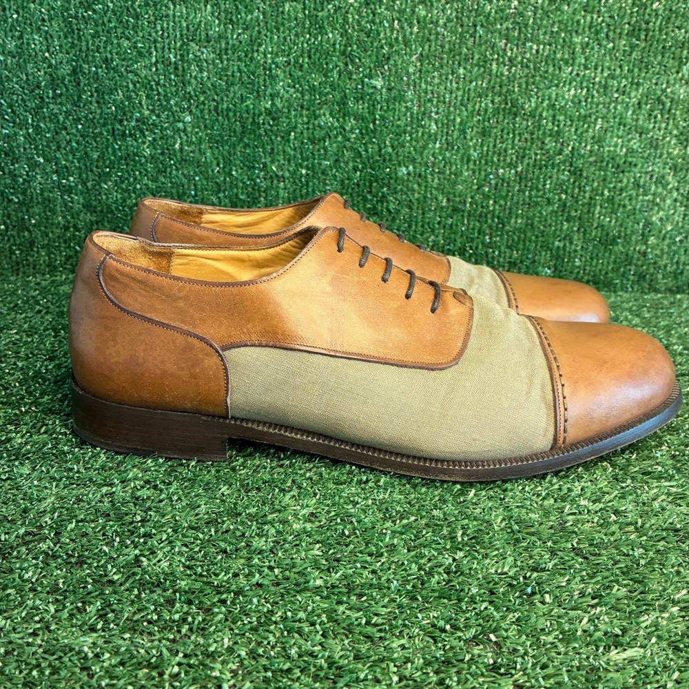 Cole Haan Spectator Canvas Leather Cap Toe Oxford Dress Shoes Tan Brown Mens 12D